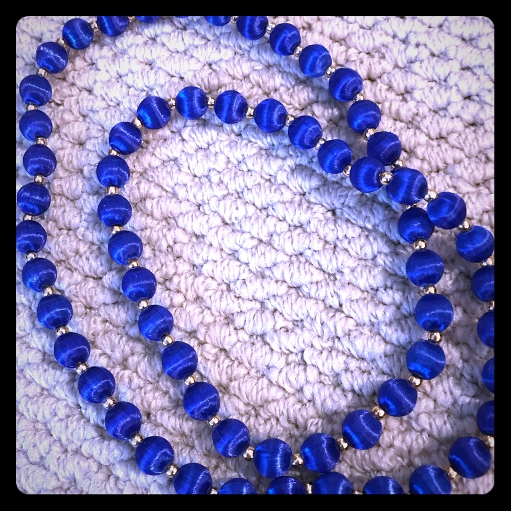 Rare Satin beaded necklace beautiful blue satin covered beads Vintage